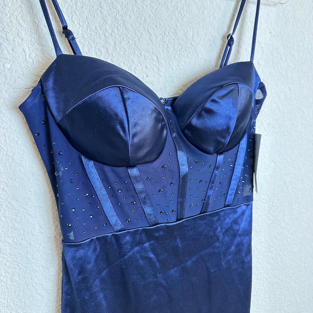 I'm A Star Navy Blue Satin Mesh Corset Rhinestone Mini Dress NWT Medium HOCO